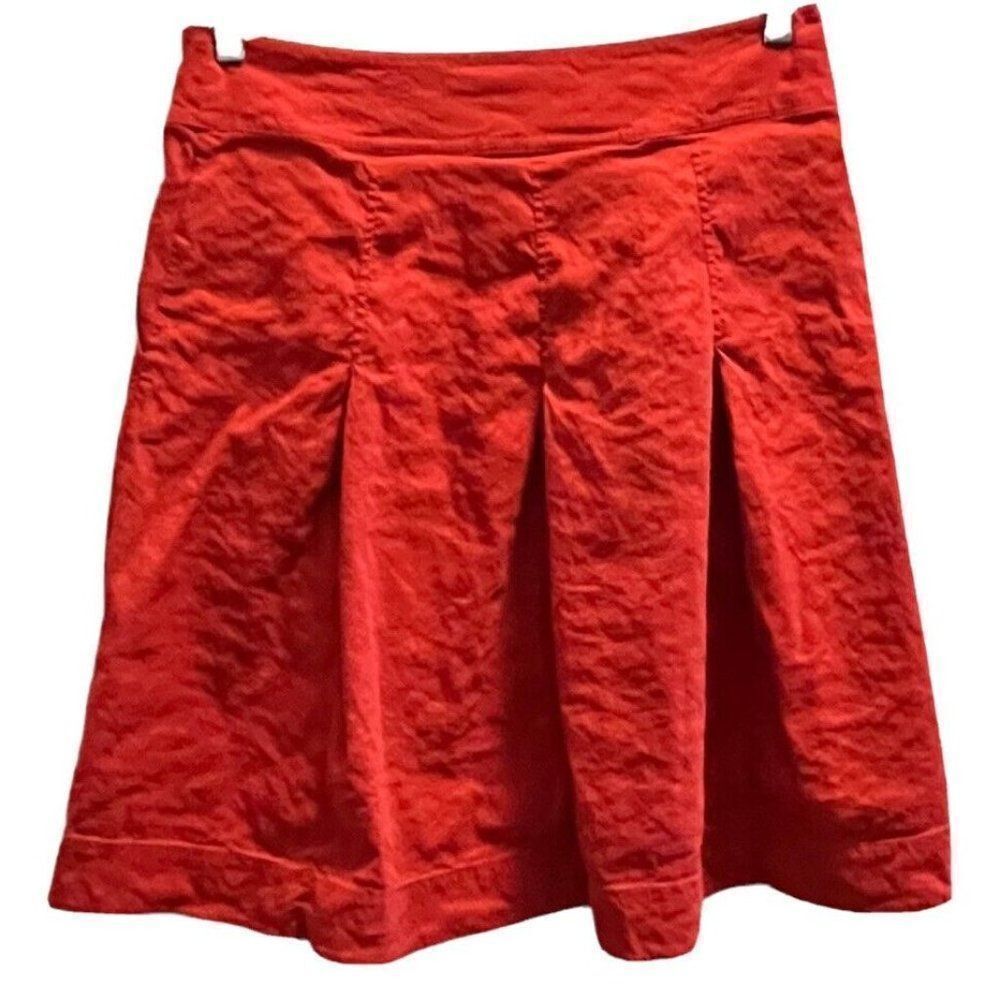 Eileen Fisher Red Linen Pleated Skirt Small Knee Length Pockets FRONT Zipper